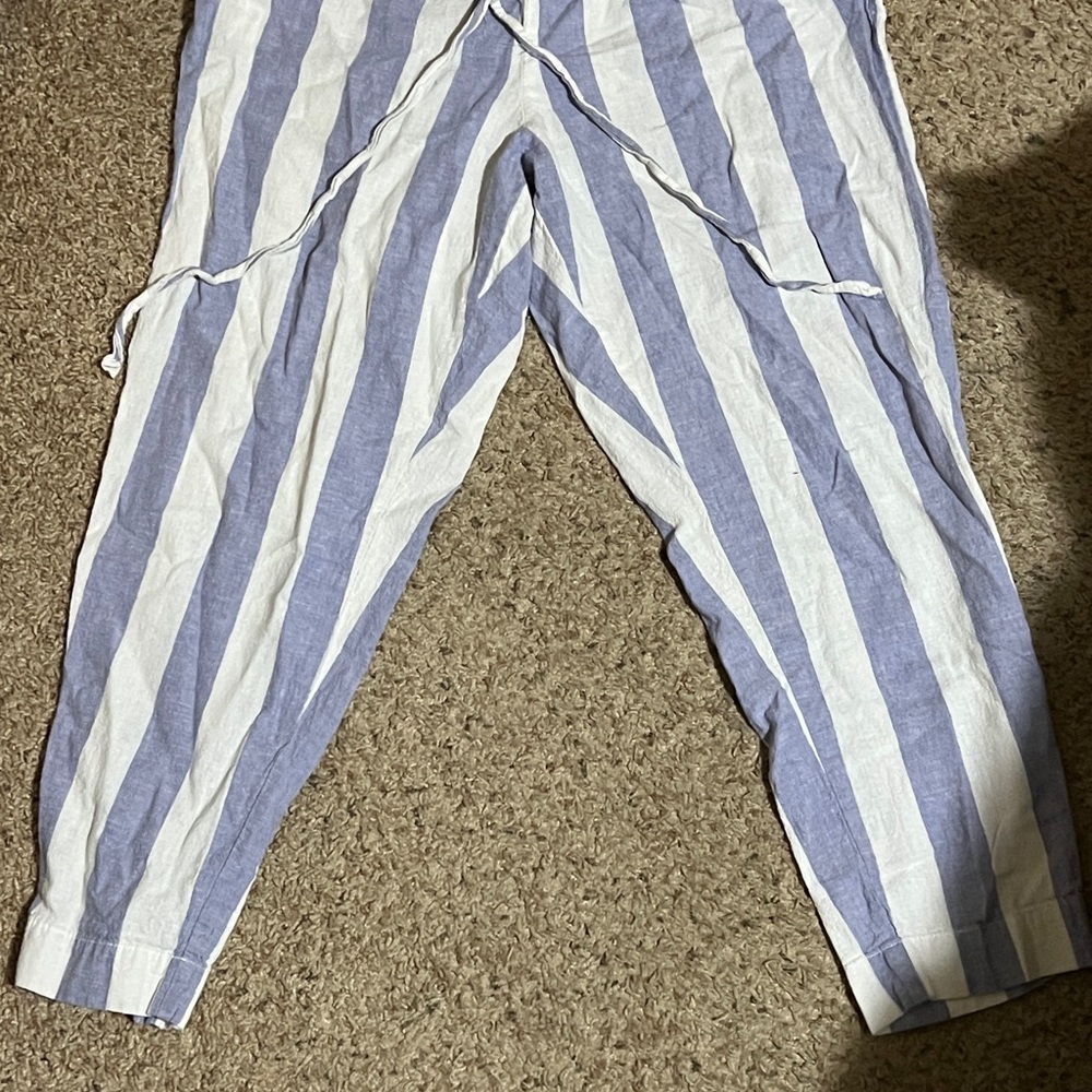 Blue and White Striped Linen Blend Drawstring Pants